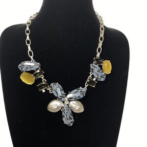 Yosca Floral Motif Bib Necklace Womens Princess Length Silver Blue Yellow Retro